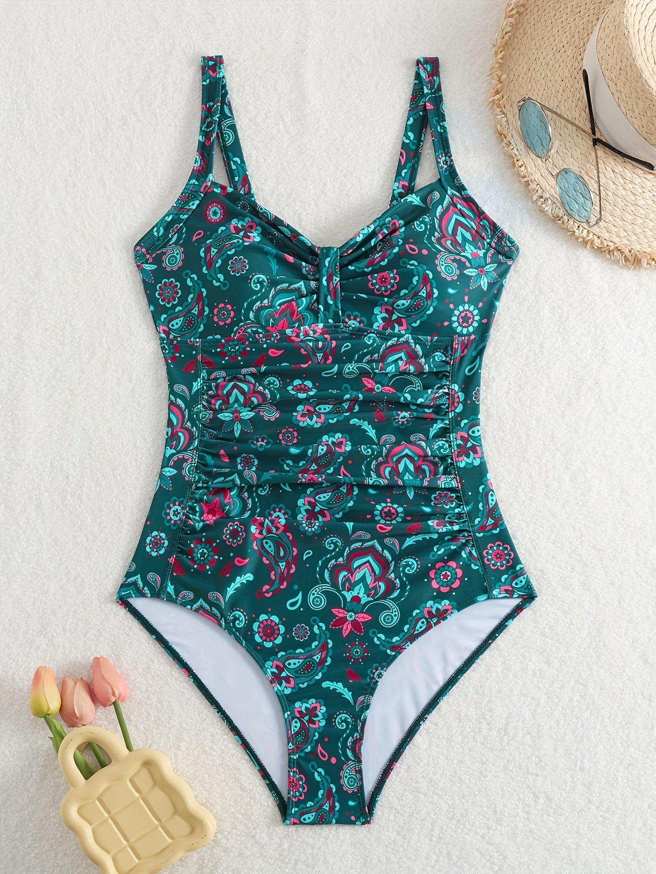 Vintage Paisley Einteiler Badeanzug für Damen – Bauchkontrolle & Rüschen