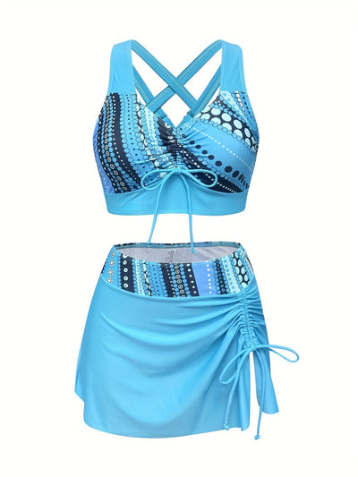 3-teiliges Bikini-Set – Verstellbares Bindetop mit Rock, Strandmode für Damen