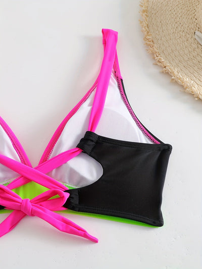 Schickes Damen Bikini-Set – Farbblock-Design mit V-Ausschnitt & Gerafften Details