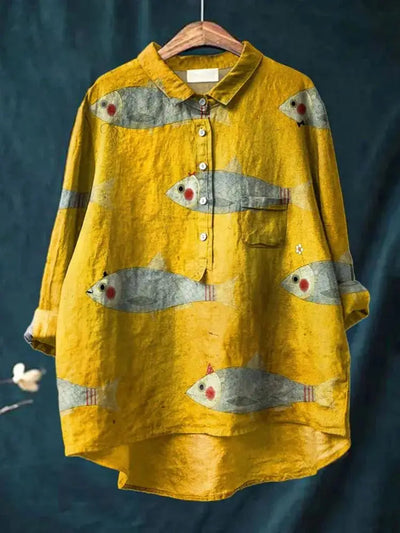 Sophia - Vintage Fisch Sardinen Kunstdruck Baumwolle Leinen Hemd