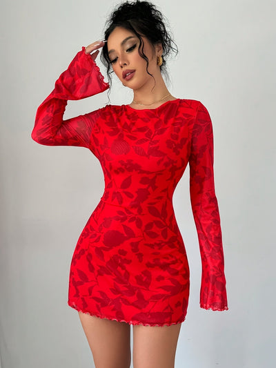 Rotes Blumen-Minikleid – Rückenfrei, V-Ausschnitt, Bindeärmel, elegant & sexy