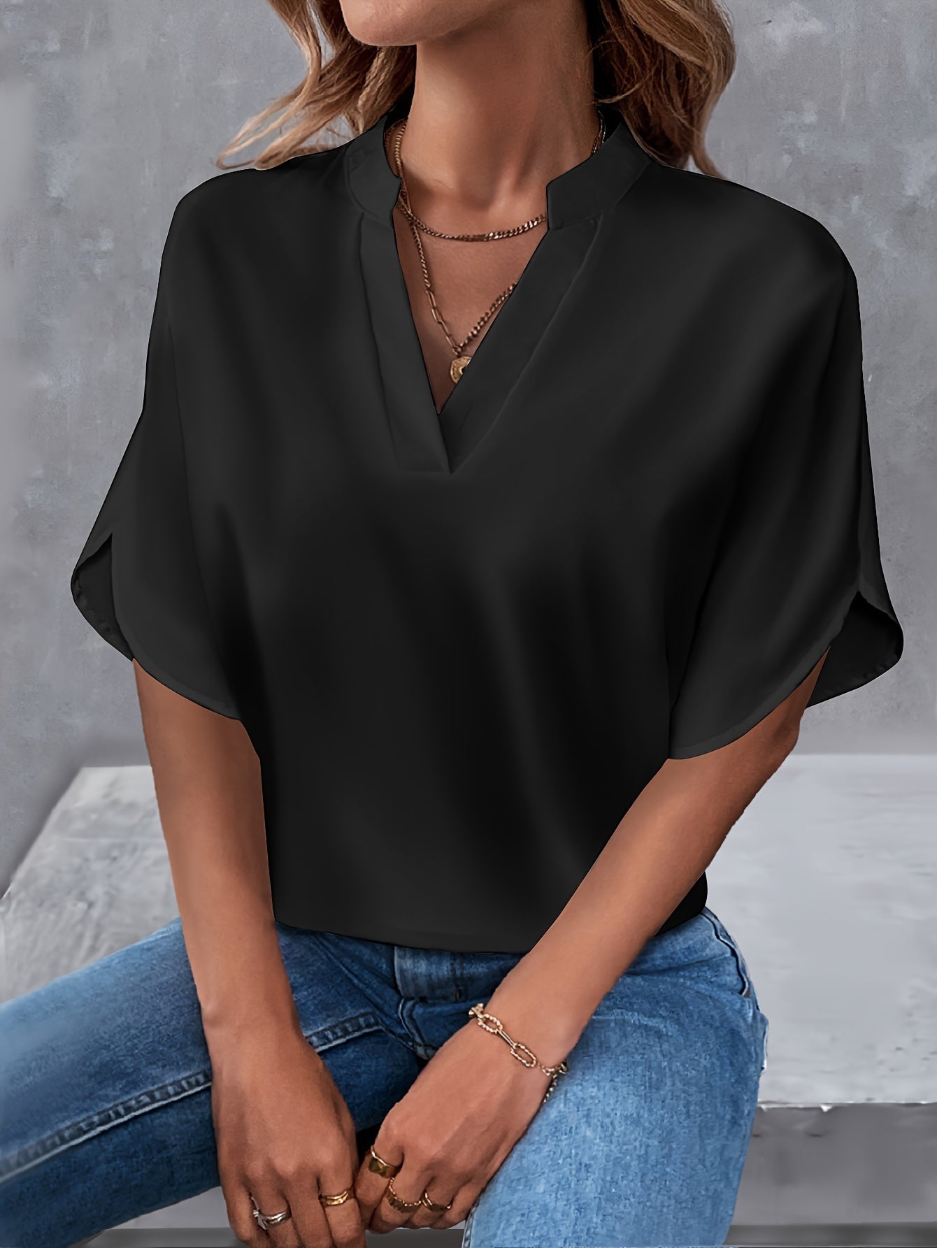 Leichte Notch-Neck Bluse mit Split-Ärmeln, Casual Shirt für Frühling & Sommer