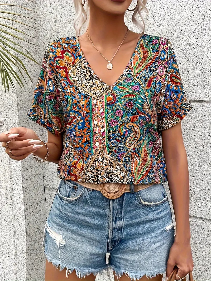 Aurora - Vintage-Bluse mit V-Ausschnitt und kurzen Ärmeln