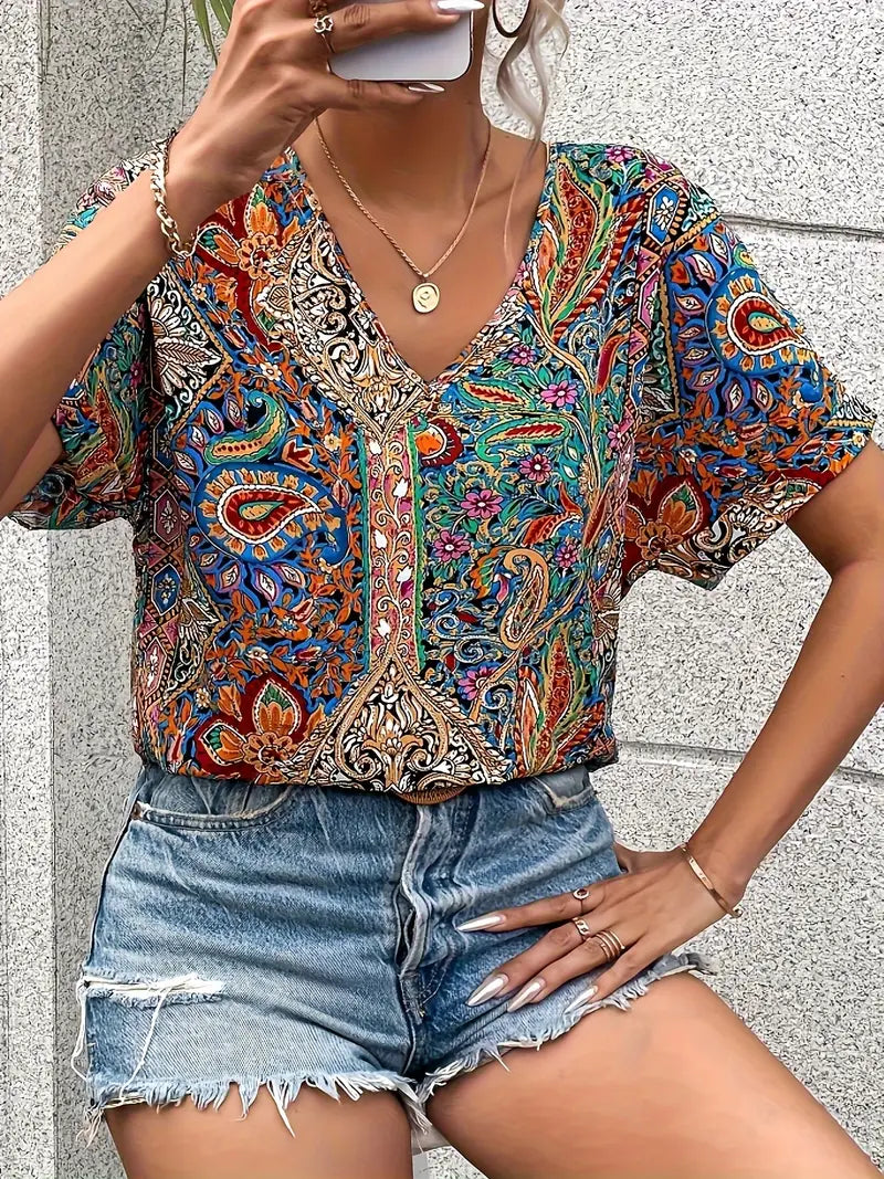Aurora - Vintage-Bluse mit V-Ausschnitt und kurzen Ärmeln