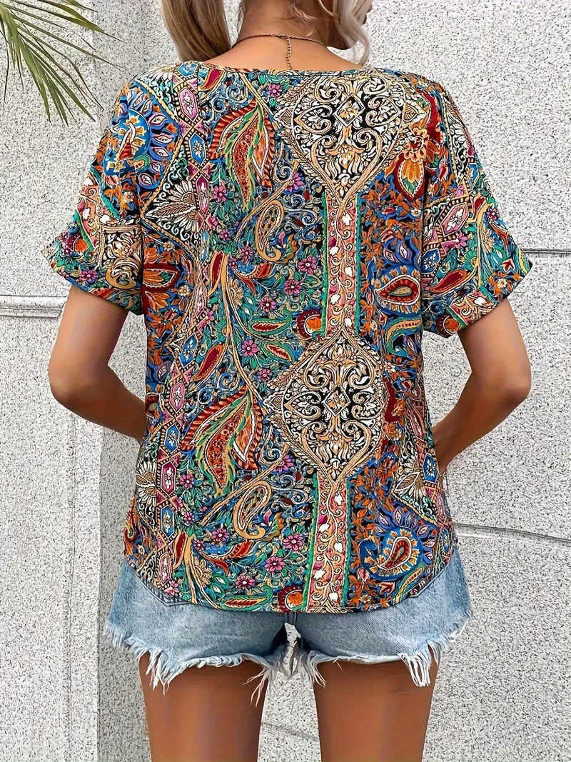 Aurora - Vintage-Bluse mit V-Ausschnitt und kurzen Ärmeln