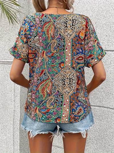 Aurora - Vintage-Bluse mit V-Ausschnitt und kurzen Ärmeln