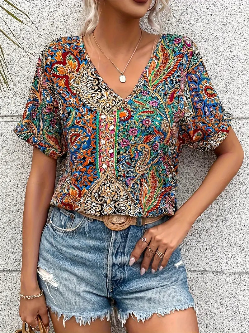 Aurora - Vintage-Bluse mit V-Ausschnitt und kurzen Ärmeln