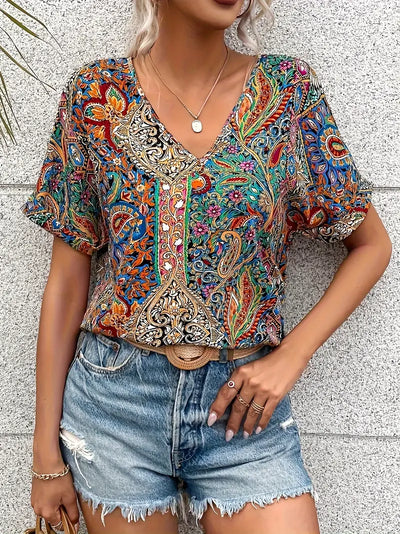 Aurora - Vintage-Bluse mit V-Ausschnitt und kurzen Ärmeln