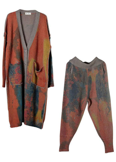 Boho-strickpullover mit orangefarbenen v-ausschnitttaschen und herbstlichen knöpfen