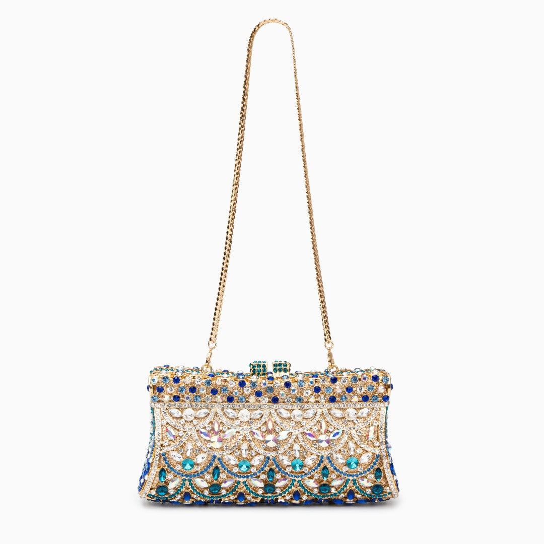 Aubrielle | Kristallverzierte Clutch in Gold-Blau mit funkelndem Strass & Ornamentmuster – Abendtasche für Damen