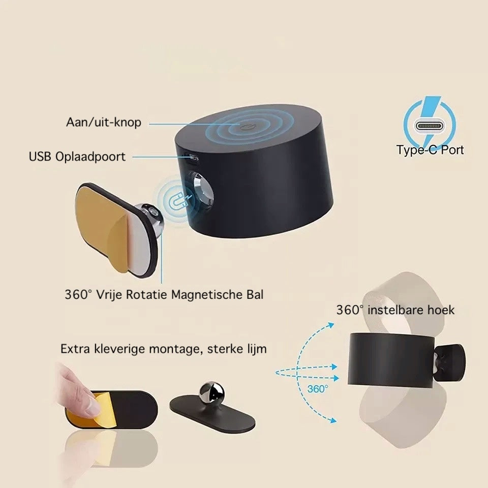 LichtWunder® | Kabellose 360° Wandleuchte mit Smart-Touch-Steuerung und USB-Aufladung