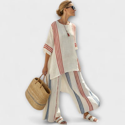 Faith - Ethnisches Set aus Leinen und Bambus mit Streifen und weitem Schnitt