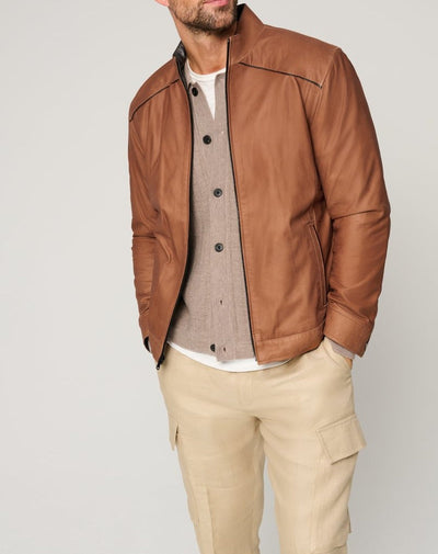 Herren stylische Lederjacke mit modernem Stehkragen und dezenten Kontrastnähten Aliams