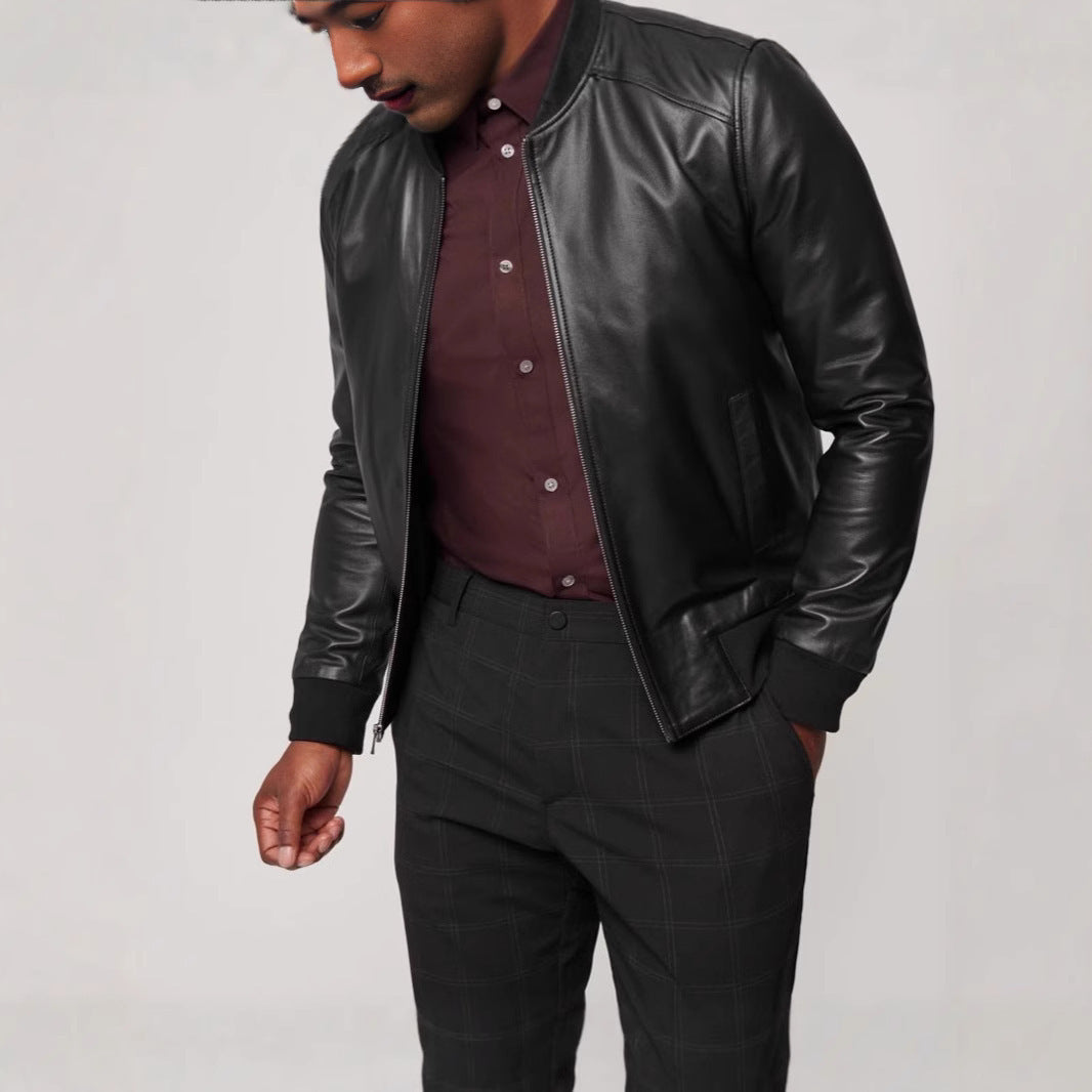 Herren elegante Lederjacke im Biker-Stil mit modischem Stehkragen Aliams