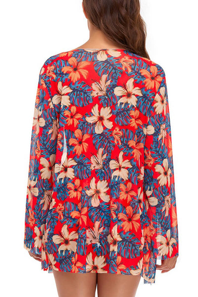 Lilibeth® | Bluse und orangefarbenes Bikini-Set mit Blumenmuster