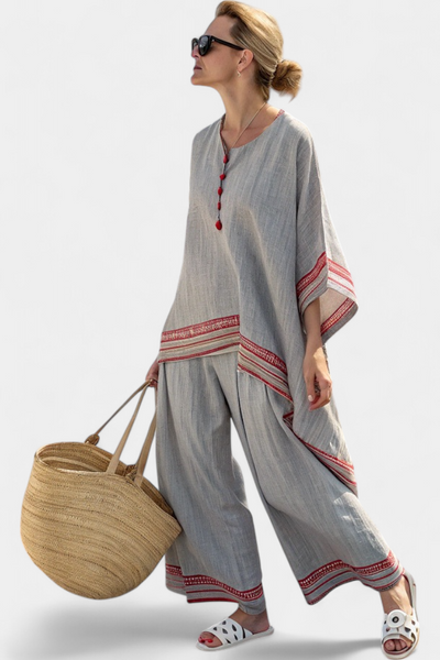 Faith - Ethnisches Set aus Leinen und Bambus mit Streifen und weitem Schnitt