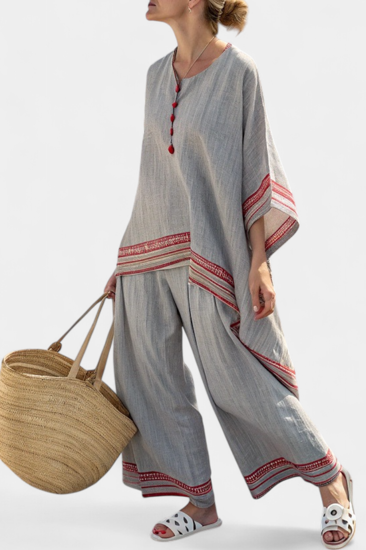 Faith - Ethnisches Set aus Leinen und Bambus mit Streifen und weitem Schnitt