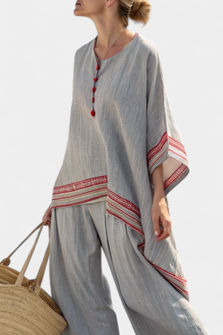 Faith - Ethnisches Set aus Leinen und Bambus mit Streifen und weitem Schnitt