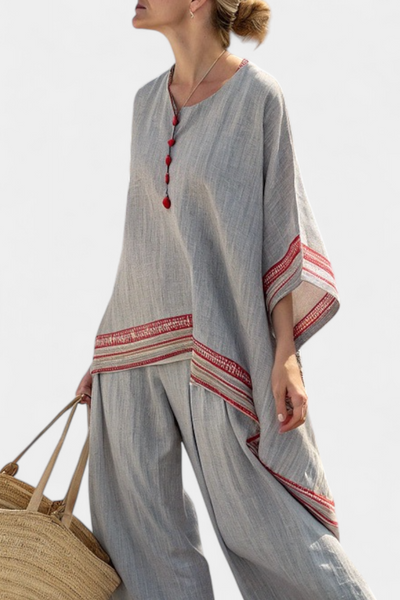 Faith - Ethnisches Set aus Leinen und Bambus mit Streifen und weitem Schnitt