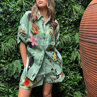 Charlotte -  Shirt und Shorts mit Sommermotiven Lässiges, lockeres zweiteiliges Set