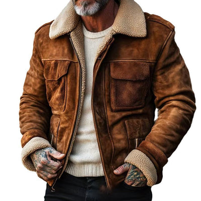 Herren Vintage-Lederjacke mit Teddyfellkragen und praktischen Taschen Aliams