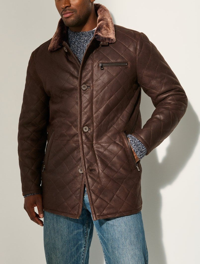 Herren gesteppter Kunstleder-Mantel mit Teddyfell-Kragen Aliams