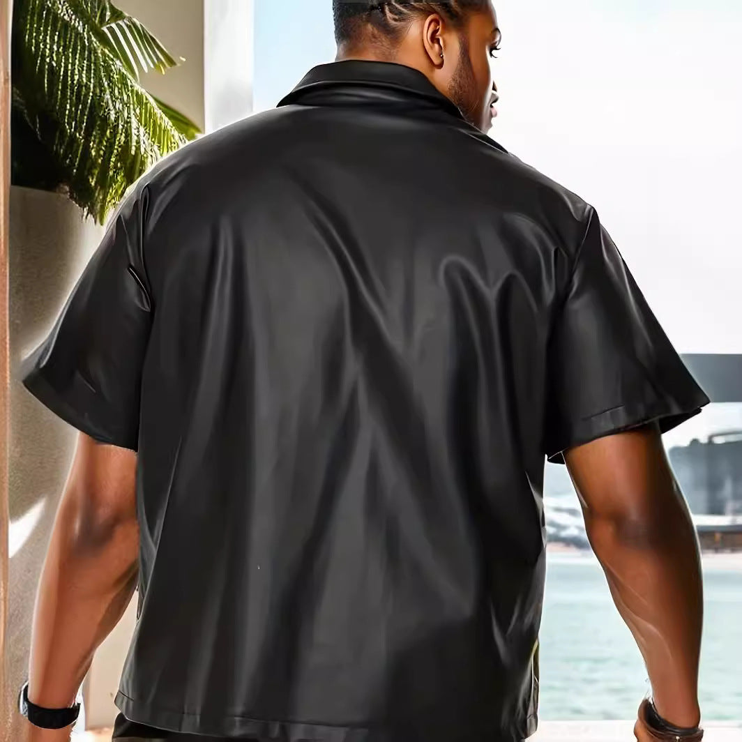 Herren lässige Kunstlederhemdjacke mit kurzem Arm und praktischen Reißverschlusstaschen Aliams