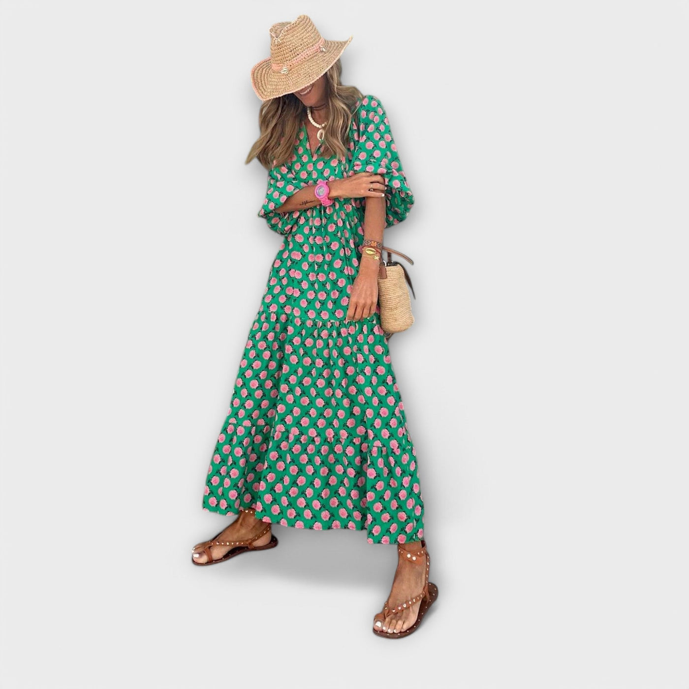 Camila – Maxikleid mit Retro-Print und Statement-Schnitt