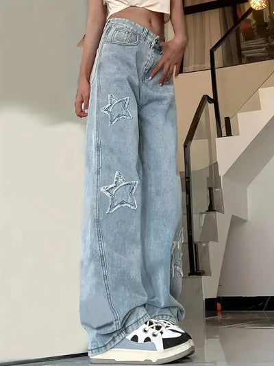 Baggy-Jeans mit Sternen-Design für Damen | Hohe Taille