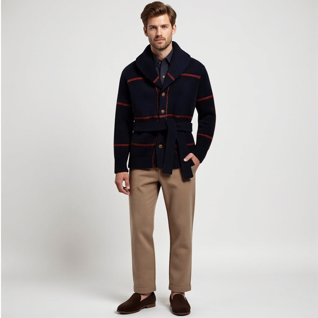 Herren Woll-Strickmantel mit Gürtel