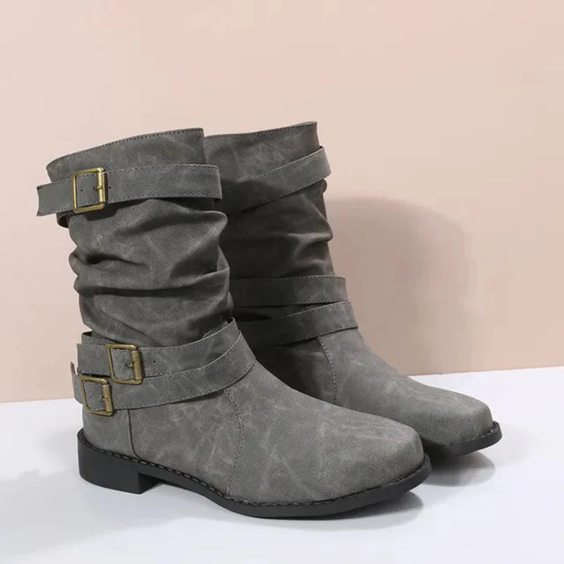 Damen Dirndl Schuhe | Mittelhohe Stiefel Mit Schnallenriemen