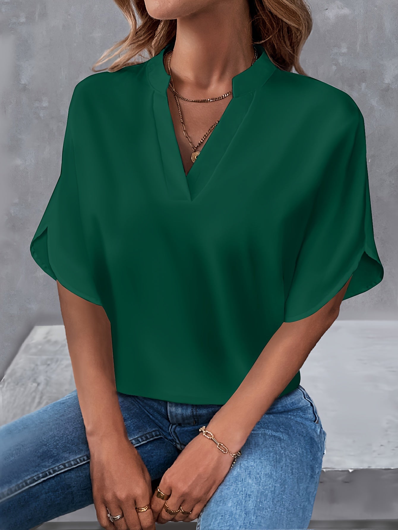 Leichte Notch-Neck Bluse mit Split-Ärmeln, Casual Shirt für Frühling & Sommer