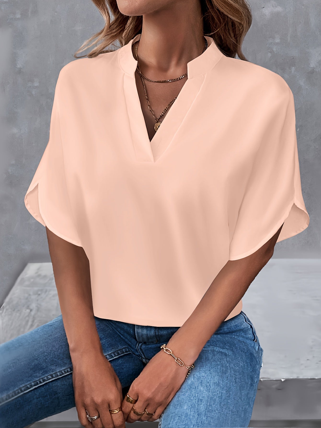 Leichte Notch-Neck Bluse mit Split-Ärmeln, Casual Shirt für Frühling & Sommer