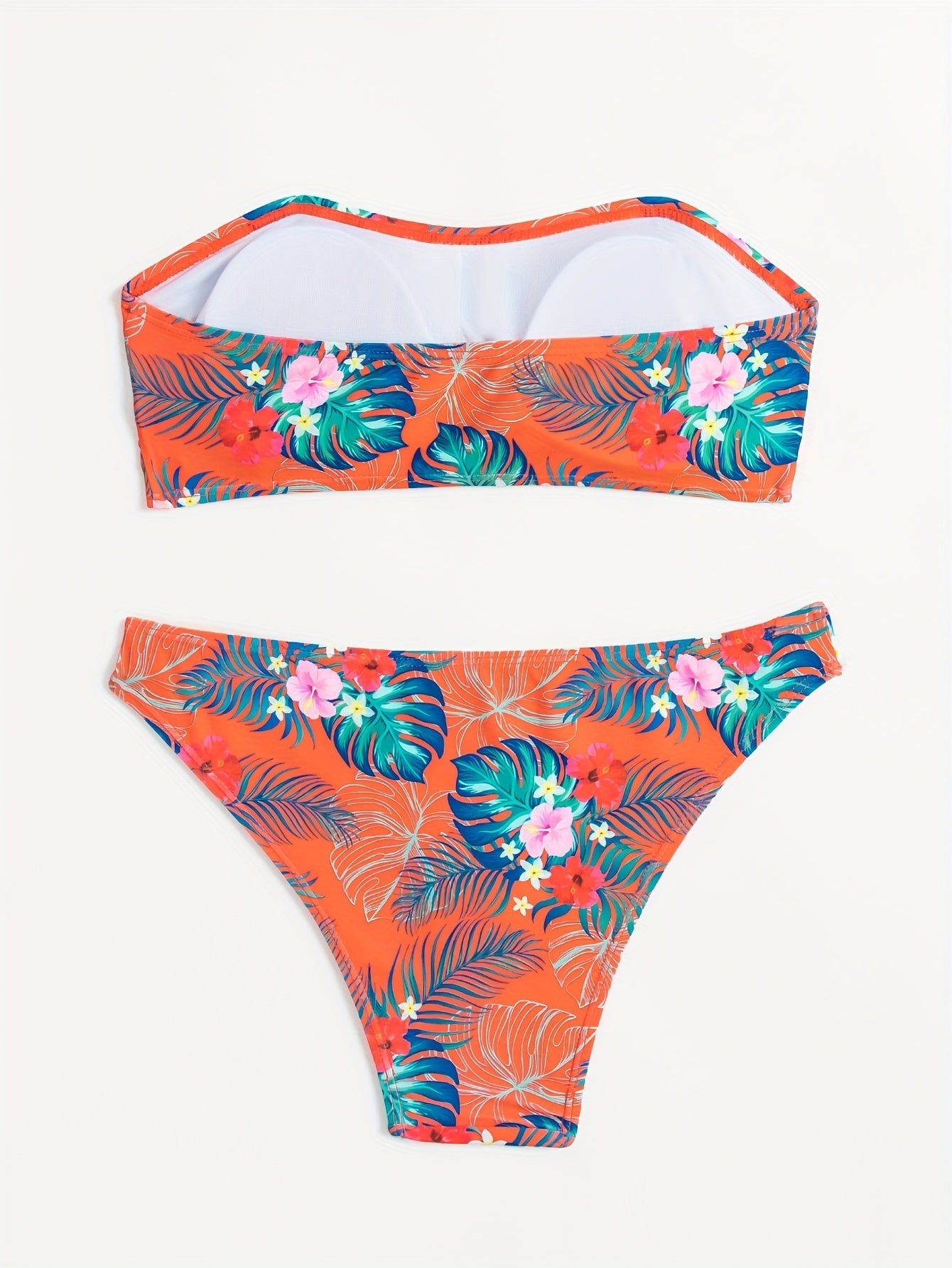 Blaues Bandeau-Bikini-Set – Exotischer Blumendruck, High-Waist