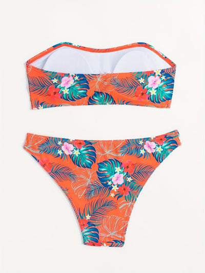 Blaues Bandeau-Bikini-Set – Exotischer Blumendruck, High-Waist