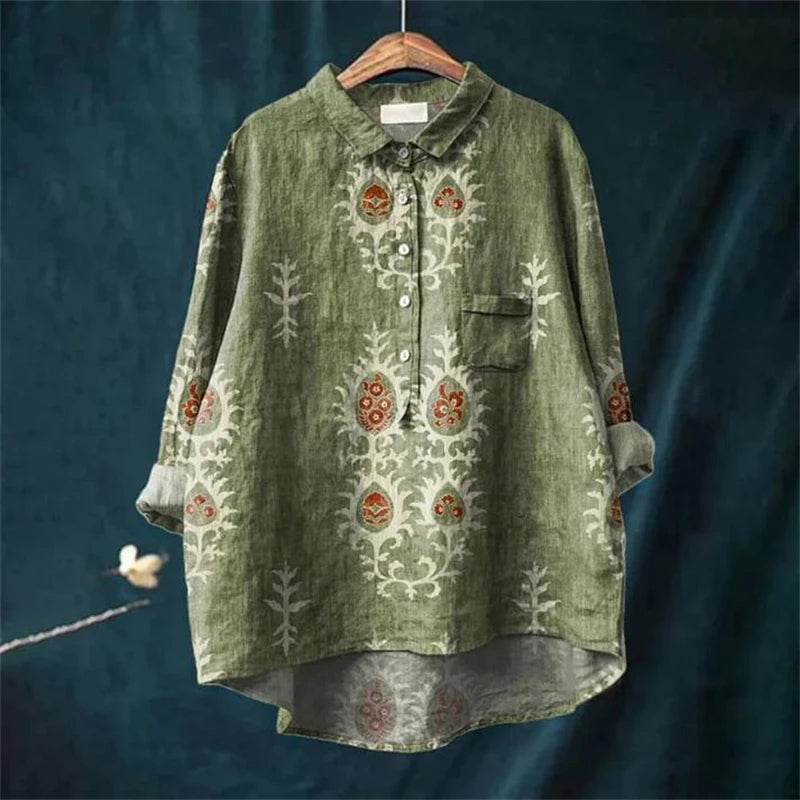 Sophina - Vintage Retro Blumendruck Baumwoll-Leinen Hemd