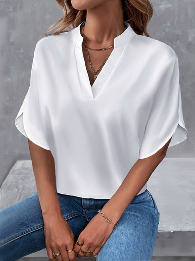 Leichte Notch-Neck Bluse mit Split-Ärmeln, Casual Shirt für Frühling & Sommer