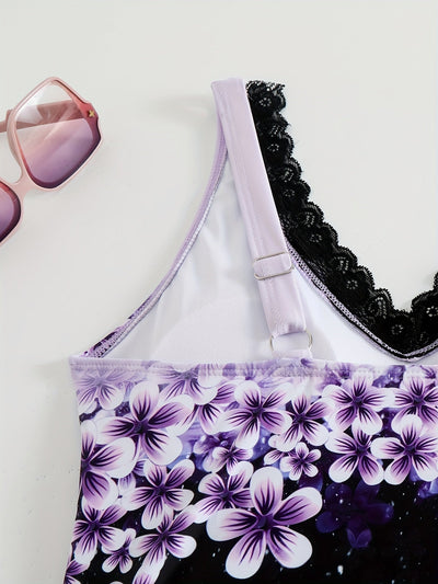 Lila Damen Badeanzug Einteiler: Elegant, Herausnehmbare Pads, Spitzen-Details