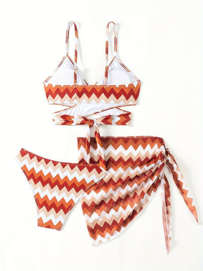 Damen Bikini Set – Eleganter V-Ausschnitt Badeanzug mit Chevron-Muster