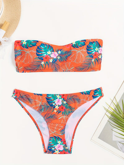 Blaues Bandeau-Bikini-Set – Exotischer Blumendruck, High-Waist