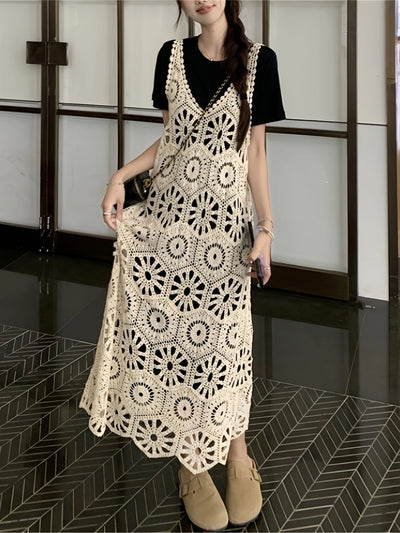 Boho-Chic Sommerkleid – Häkelstrick Strandkleid mit V-Ausschnitt, Durchbrochenes Design
