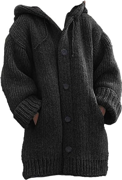 CORDULA - Doppeltaschen dick gestrickter Pullover mit Knöpfen und Kapuzen-Strickjacke