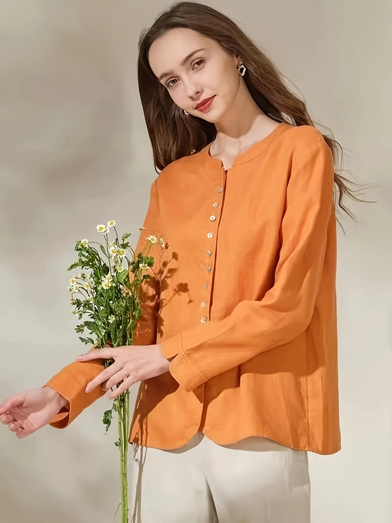 Leinenhemd Langarm Stehkragen, Knopfleiste, Atmungsaktiv, Tangerine-Rot