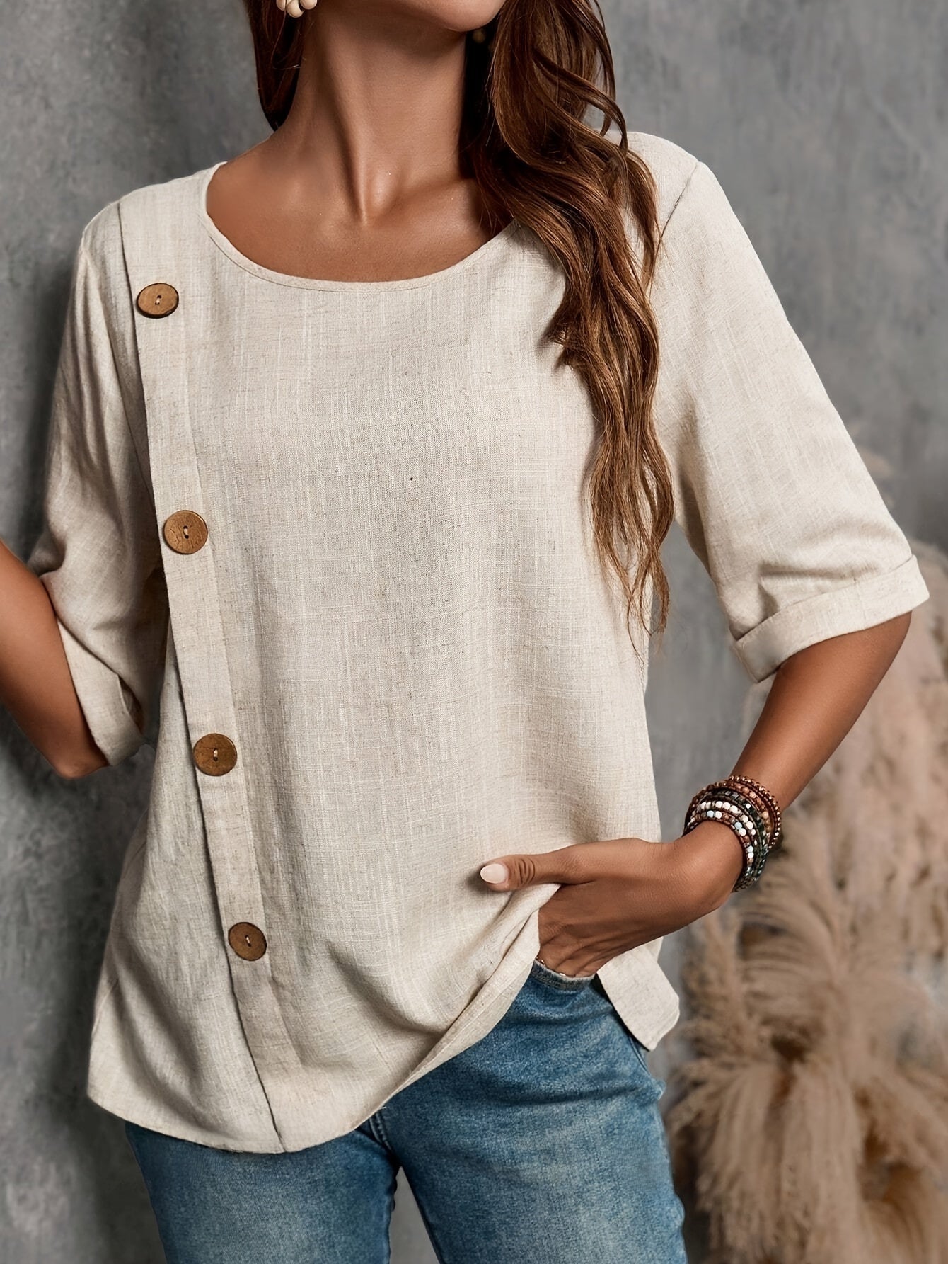 Lässige Damen Bluse – Leinenoptik, Knöpfe, Halbarmlang, Luftig
