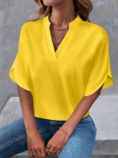 Leichte Notch-Neck Bluse mit Split-Ärmeln, Casual Shirt für Frühling & Sommer
