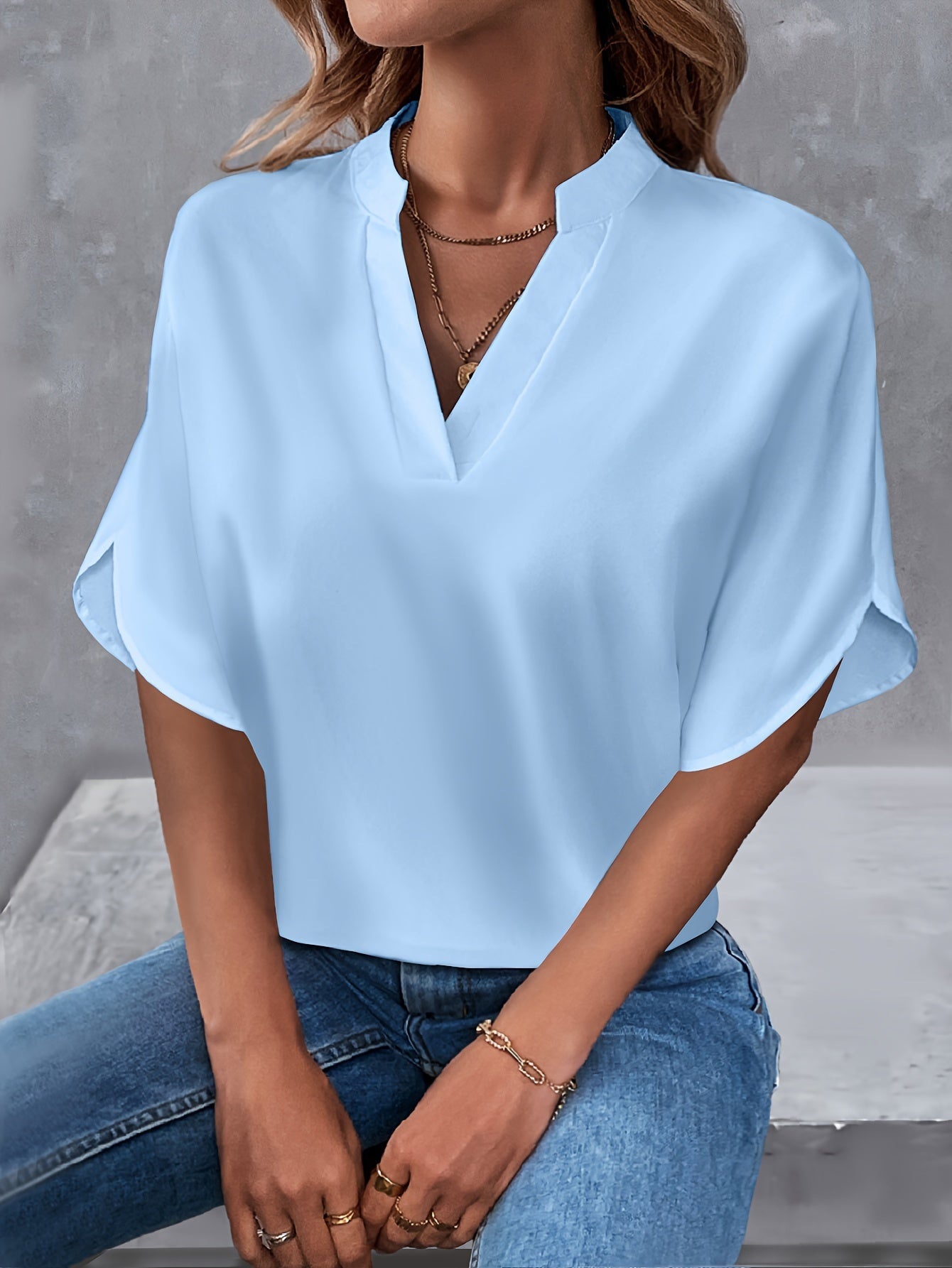 Leichte Notch-Neck Bluse mit Split-Ärmeln, Casual Shirt für Frühling & Sommer