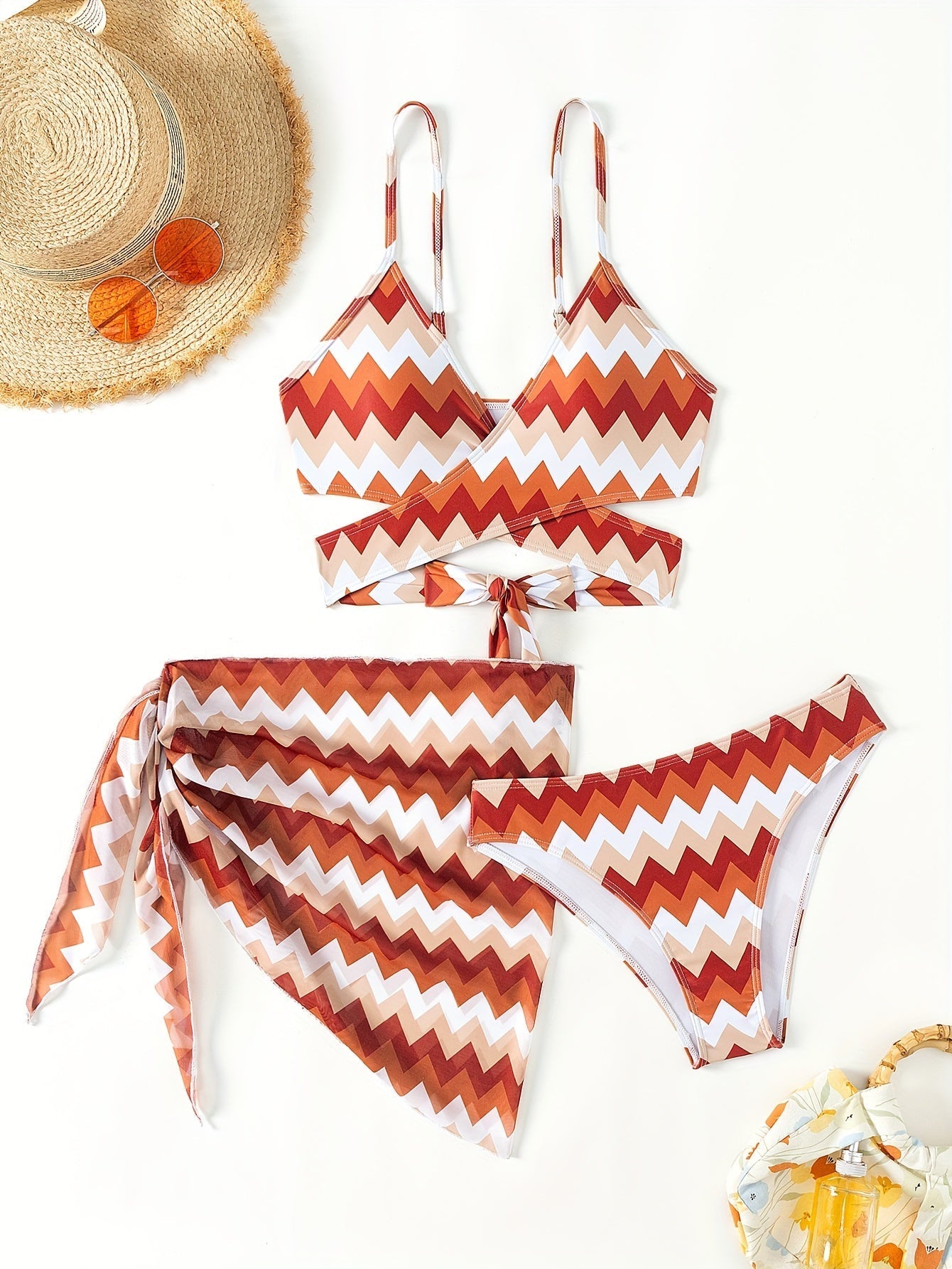 Damen Bikini Set – Eleganter V-Ausschnitt Badeanzug mit Chevron-Muster