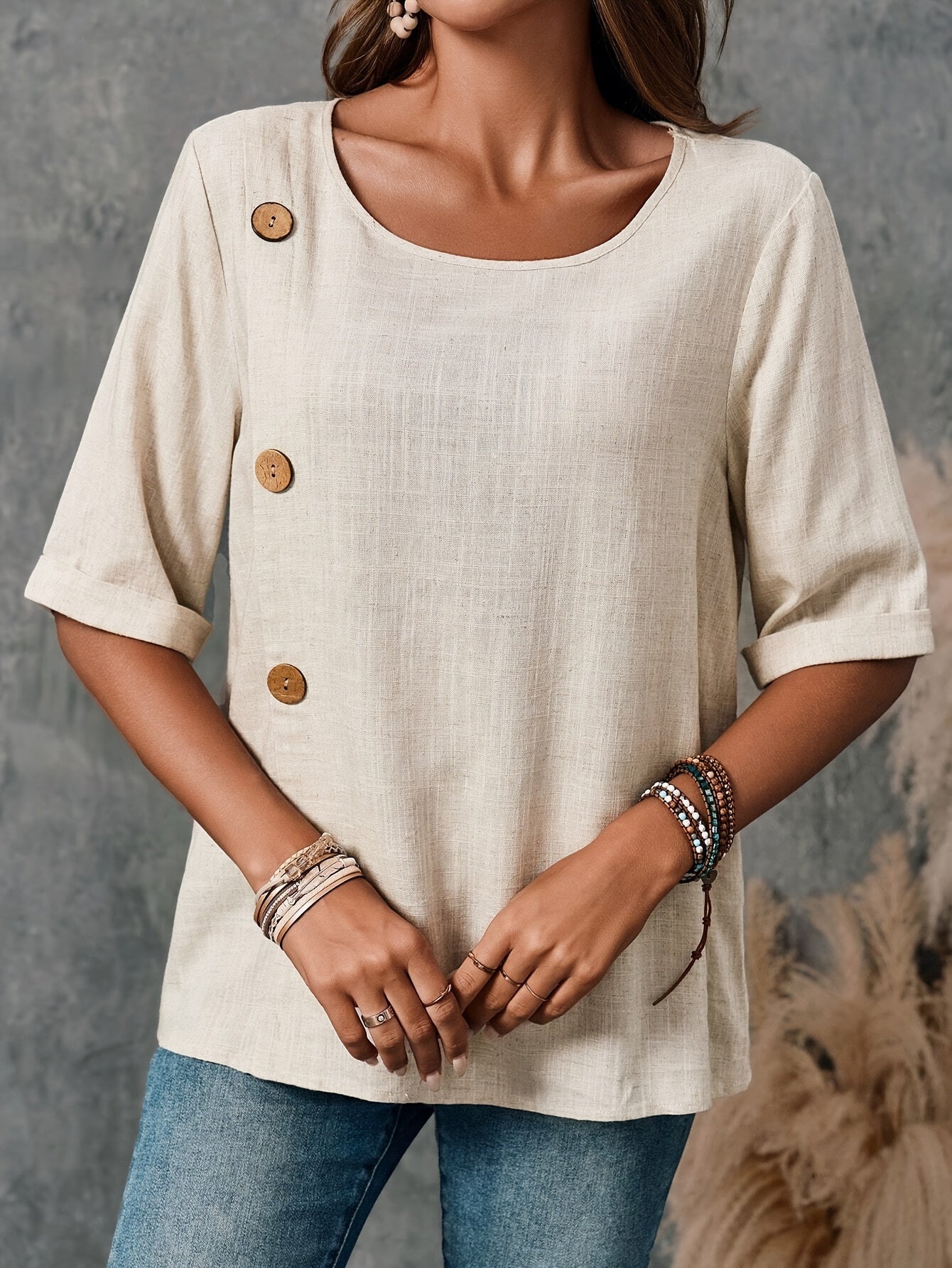 Lässige Damen Bluse – Leinenoptik, Knöpfe, Halbarmlang, Luftig