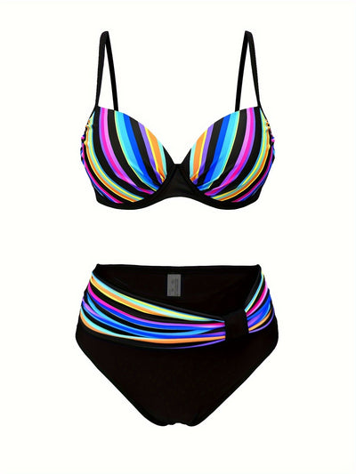 Damen Bikini Set – Gestreiftes High Cut Design, V-Ausschnitt, Stretch & Elegant