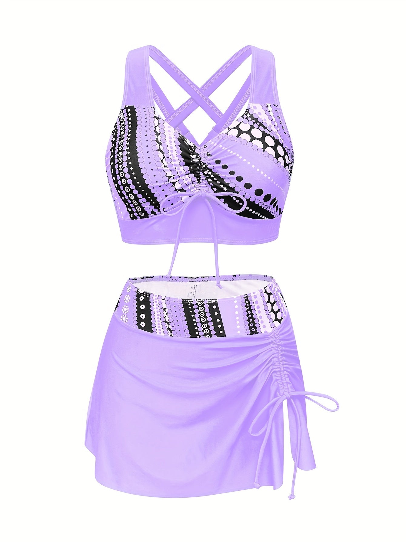 3-teiliges Bikini-Set – Verstellbares Bindetop mit Rock, Strandmode für Damen